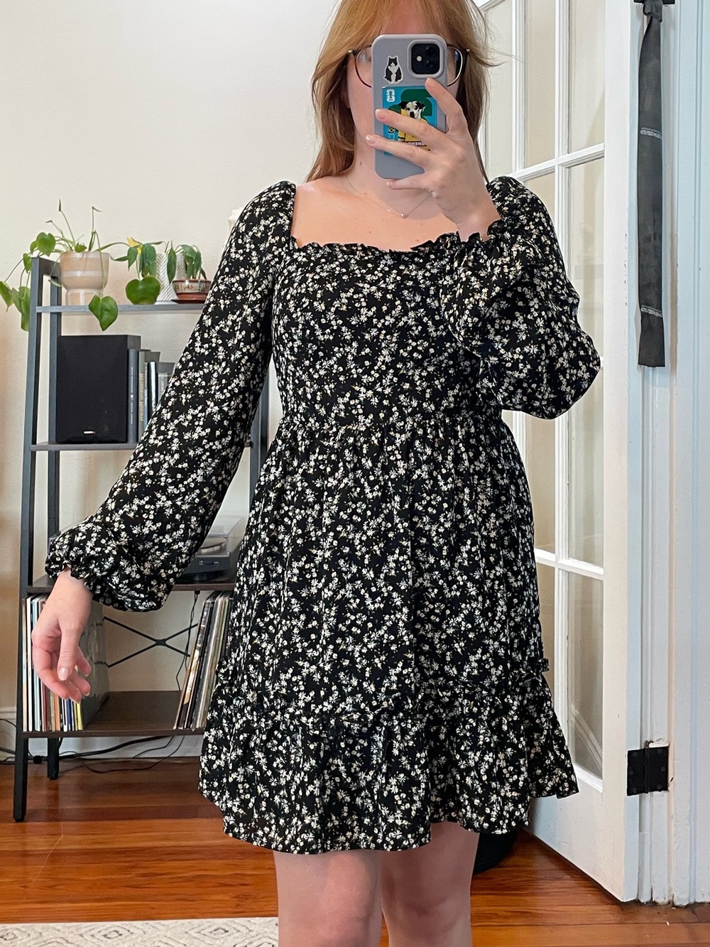 Fall Black Floral Square-Neck Mini Dress